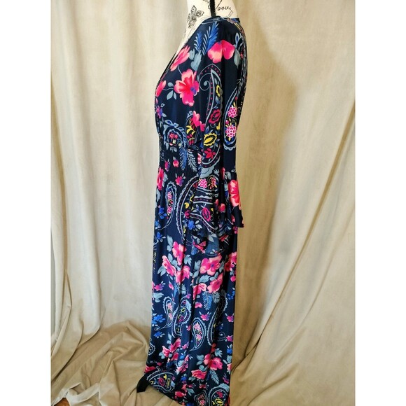 Magic Women's Navy Floral Maxi Dress w/Bell Sleeves & Surplice Neckline. Size XL - Picture 4 of 7